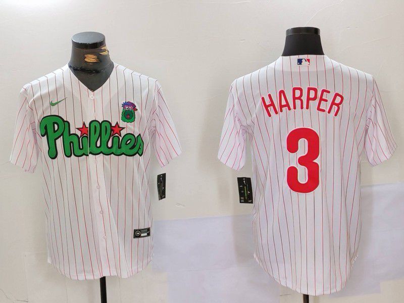 Men Philadelphia Phillies #3 Harper White stripe Second generation Joint Name 2024 Nike MLB Jersey style 1